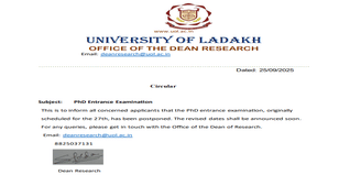 University of Ladakh PhD Entrance Exam 2025 Postponed; Revised Dates to Be Announced Soon